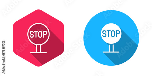 Filled and outline Stop sign icon isolated with long shadow background. Traffic regulatory warning stop symbol. Vector