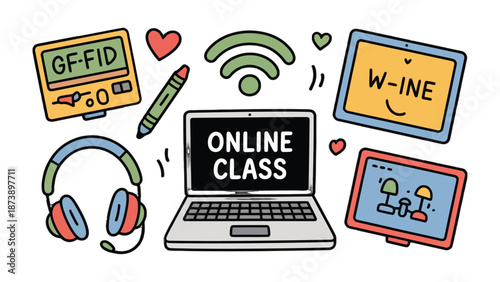 Online Class Illustration: A vibrant illustration depicts a laptop at the center, surrounded by elements that symbolize virtual learning and digital communication.
