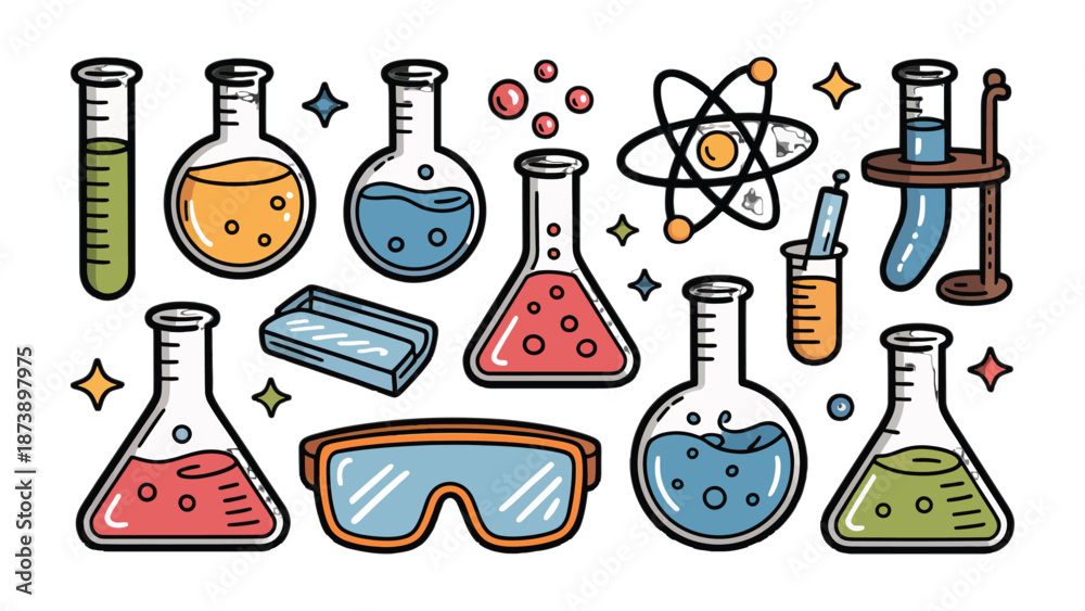 Obraz premium Laboratory Science Tools: An array of colorful beakers, test tubes, and scientific equipment comes alive, symbolizing scientific discovery, education, and research within the laboratory environment.