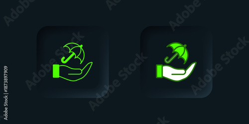 Green Umbrella in hand icon isolated on black background. Insurance concept. Waterproof icon. Protection, safety, security concept. Black square button. Vector