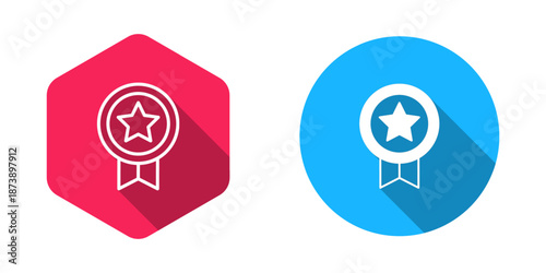 Filled and outline Game rating with medal icon isolated with long shadow background. Level results for game. Vector