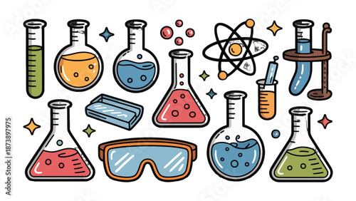 Laboratory Science Tools: An array of colorful beakers, test tubes, and scientific equipment comes alive, symbolizing scientific discovery, education, and research within the laboratory environment.
