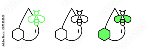 Set line Bee and honeycomb icon isolated on white background. Honey cells. Honeybee or apis with wings symbol. Flying insect. Sweet natural food. Vector