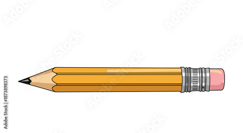 Realistic and detailed illustration of a classic sharpened yellow pencil with a pink eraser, shown horizontally on a white background.