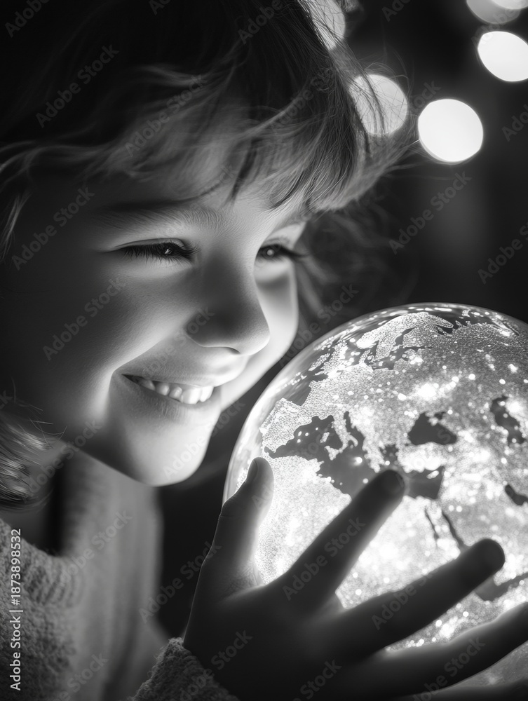 Naklejka premium Delighted Child Gazing at Illuminated Globe
