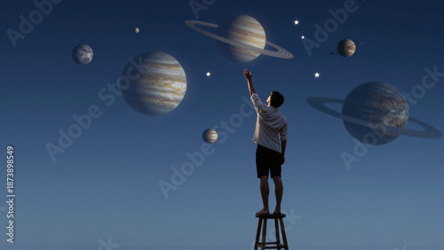 A person on a stool reaching towards celestial bodies, an inspirational vision of cosmic ambition and the boundless human spirit exploring a starry universe