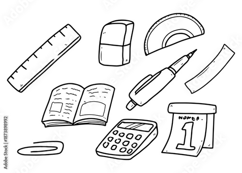 Hand-drawn doodle illustration of various school and office supplies including a ruler, eraser, pen, calculator, book, and calendar.