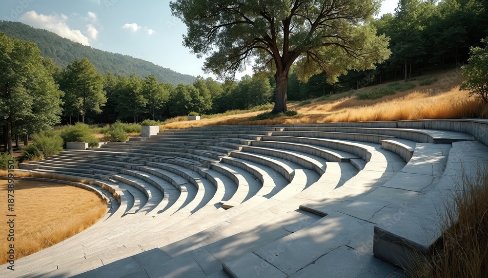 Fototapeta premium Stone amphitheater in nature setting. Empty amphitheatre with green trees and yellow grass. Outdoor stage design located in park. Architectural structure for event concert performance