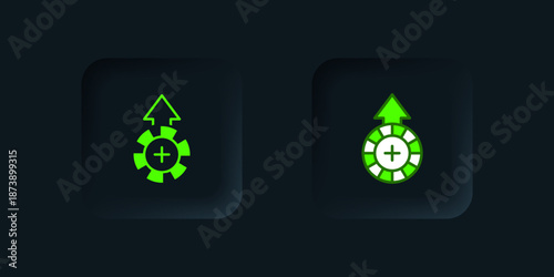 Green Casino chips icon isolated on black background. Casino gambling. Black square button. Vector