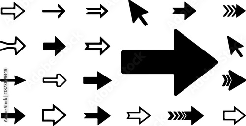 A comprehensive set of arrow icons featuring outline, solid, and hand-drawn styles. Vector illustration