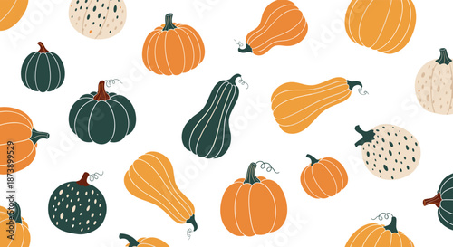 Seamless pattern with various hand-drawn pumpkins and squashes in autumn colors, creating a festive background for Halloween or Thanksgiving.