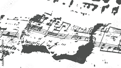 Close-up of fragmented vintage sheet music with bold ink strokes and torn edges, highlighting the abstract patterns of handwritten musical notation and texture