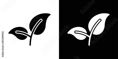 Leaf icon in solid fill style, displayed in black on white and white on black background. Perfect for nature visuals, eco branding, and sustainability themes.