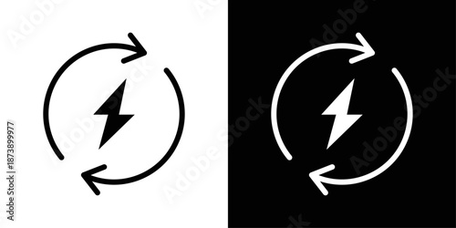 Renewable energy arrow icon in solid fill style, shown in black on white and white on black background. Ideal for sustainability cycles, green power systems, and eco process visuals.