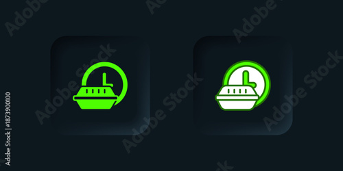 Green Round the clock delivery icon isolated on black background. Black square button. Vector
