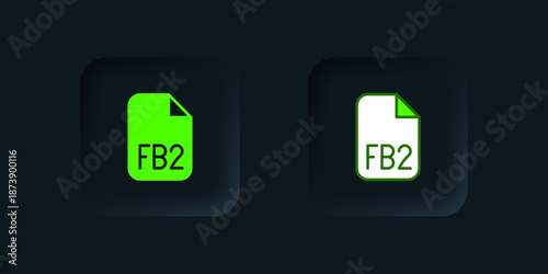 Green FB2 File icon isolated on black background. Black square button. Vector