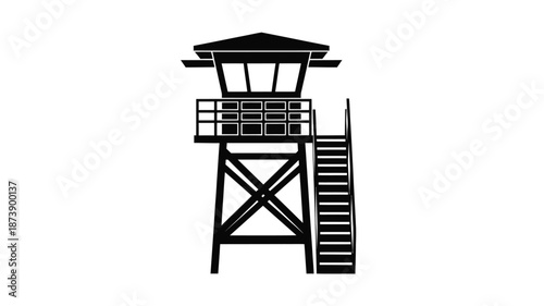 A stark black watchtower against a white background a dramatic silhouette