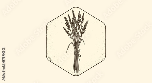 Vintage engraving style illustration of a tied sheaf of wheat within a hexagonal frame, symbolizing agriculture, harvest, and baking.