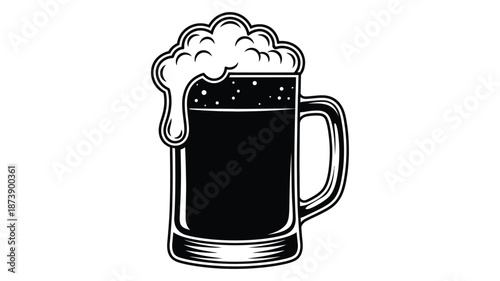 A frothy beer in a glass mug detailed black and white silhouette