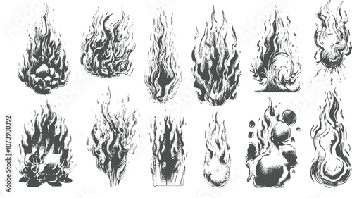 Assortment of stylized fire and smoke drawn in a rough, sketchy monochrome style on a white background