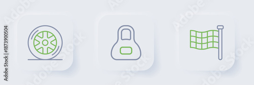 Set line Checkered flag, Weight and Car wheel icon. Vector