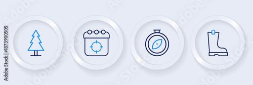 Set line Waterproof rubber boot, Compass, Target sport and Tree icon. Vector