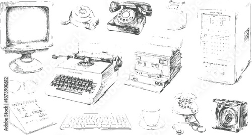 Vintage office technology montage featuring typewriters, rotary phones, a computer monitor, keyboard, and other retro communication devices in