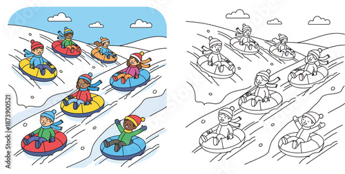 Vector illustration of happy children snow tubing down a hill with a black and white coloring page outline version for kids winter activity book