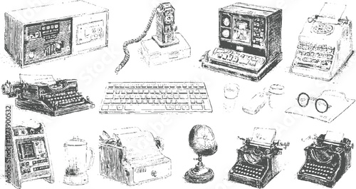 Diverse array of vintage office machines including typewriters, a computer, a radio, and other retro electronic devices, depicted in a style