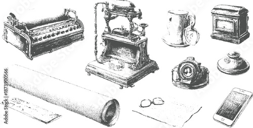 Vintage office and communication including a large typewriter, an ornate telephone, a camera, and a smartphone, rendered in a style