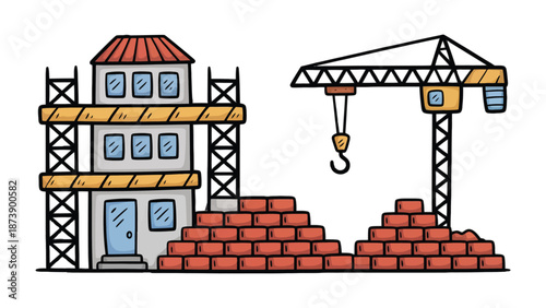 Building Construction Scene: A construction site featuring a partially built structure, accompanied by a towering crane and a meticulously stacked brick wall.