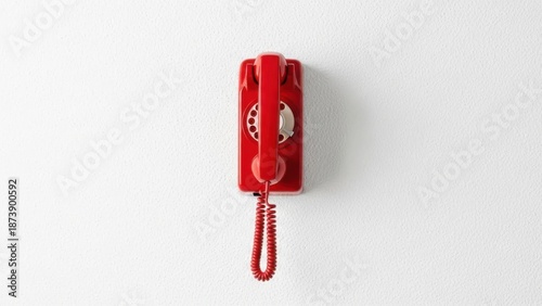 Vintage red wall phone with coiled cord on white background