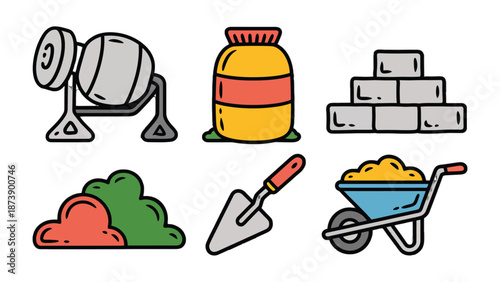 Construction Essentials: An array of essential construction tools including a cement mixer, a bag of cement, a pile of bricks, some sand, a trowel, and a wheelbarrow