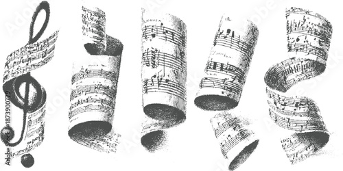 Dynamic composition of vintage sheet music scrolls unfurling with handwritten musical notation and a prominent treble clef