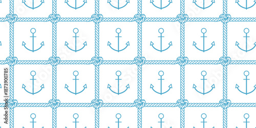 Maritime seamless pattern with anchors and rope net. Abstract summer background with blue outline boat cord with sailor knot and anchor. Navy seamless pattern with sailing net, vector illustration