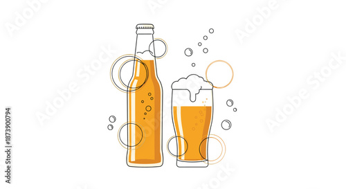 Minimalist line art illustration of a beer bottle and a frothy glass of lager, with abstract circles representing bubbles and refreshment.