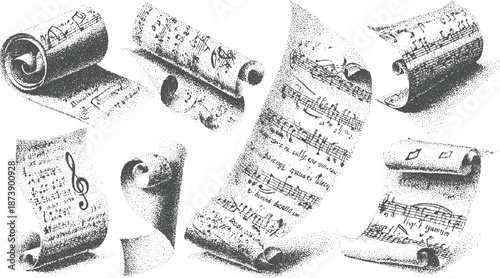 Collection of rolled and unfurled vintage sheet music with handwritten musical notations and treble clefs, presented in a textured stippled style