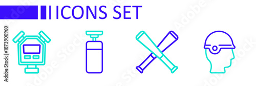 Set line Baseball helmet, Crossed baseball bat, Punching bag and Stopwatch icon. Vector