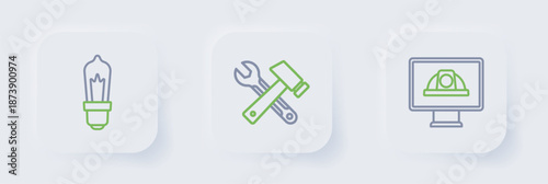 Set line Worker safety helmet, Window in room and Light bulb icon. Vector