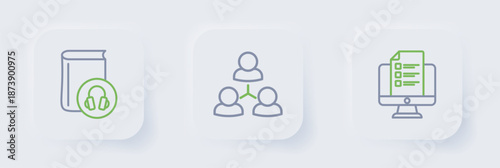 Set line Online quiz, test, survey, class and Audio book icon. Vector