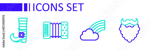 Set line Mustache and beard, Rainbow with cloud, Accordion and Leprechaun boot icon. Vector
