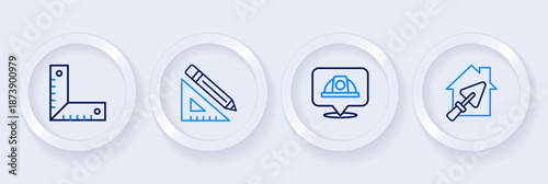 Set line House with trowel, Worker safety helmet, Triangular ruler and pencil and Corner icon. Vector