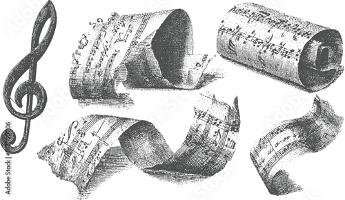 Assortment of vintage musical sheets and a prominent treble clef symbol in a grayscale engraving style on white