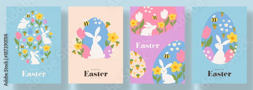 Cute set of Happy Easter cards. Trendy Easter vector posters with bunnies, eggs, spring flowers, cute bee. Holiday flyers for design of party, celebration, ads, branding, cover, card, sale, event.
