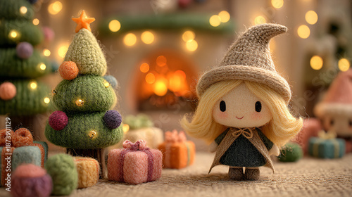 Cute little Christmas doll made of yarn. Ai