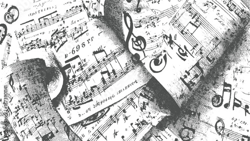 Dense arrangement of vintage musical scores and sheet music in a chaotic yet artistic grayscale engraving texture