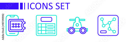 Set line Railway map, Handcar transportation, Train station board and Online ticket booking icon. Vector