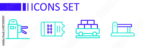 Set line Railway, railroad track, Cargo train wagon, Train ticket and Turnstile icon. Vector
