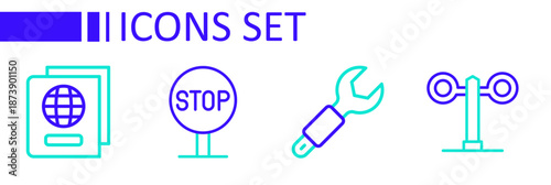 Set line Train traffic light, Wrench spanner, Stop sign and Passport icon. Vector