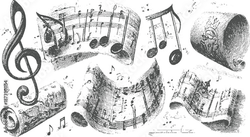 Ensemble of antique musical scores, treble clef, and scattered notes in a detailed grayscale engraving on white